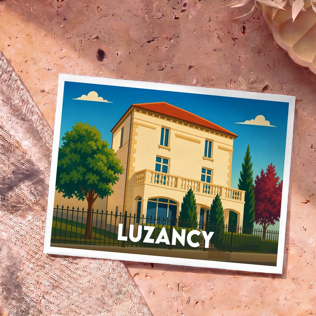 Carte postale souvenir de la ville de Luzancy présentant une illustration stylisée d'une demeure traditionnelle.
