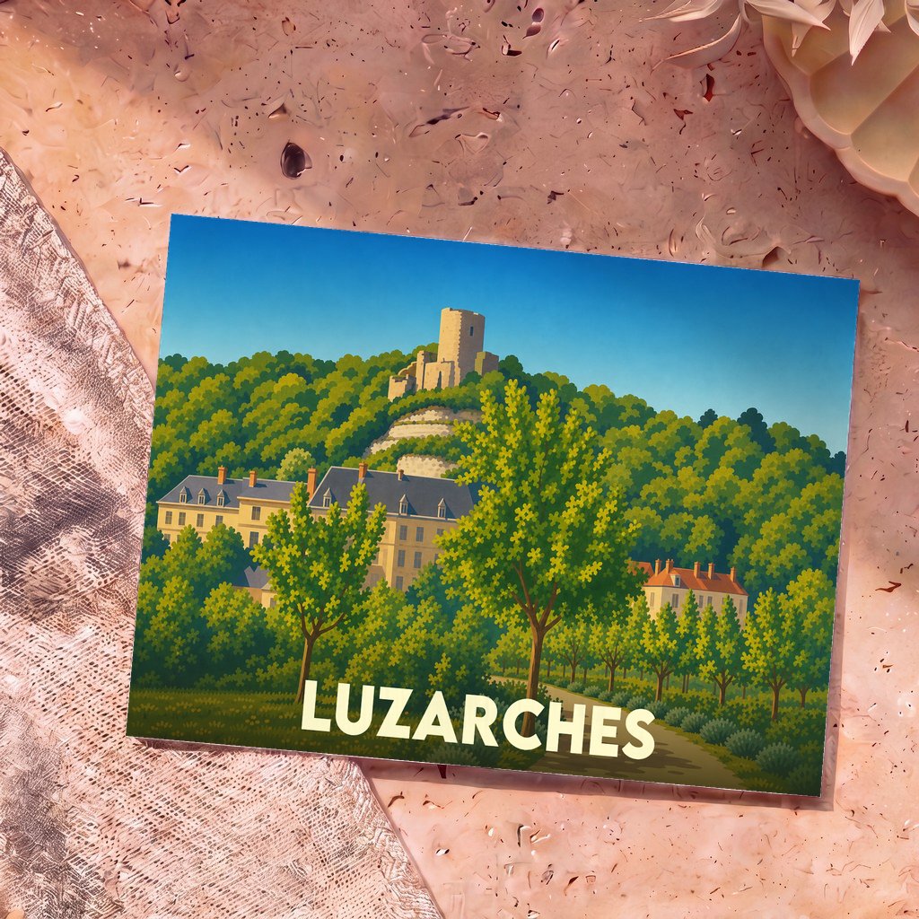 Carte postale souvenir de la ville de Luzarches avec une illustration stylisée d'un château surplombant une colline verdoyante.
