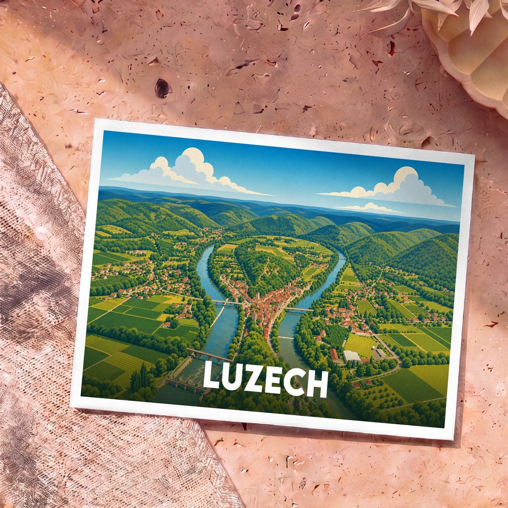 Carte postale souvenir de la ville de Luzech avec une illustration stylisée d'un méandre de rivière.
