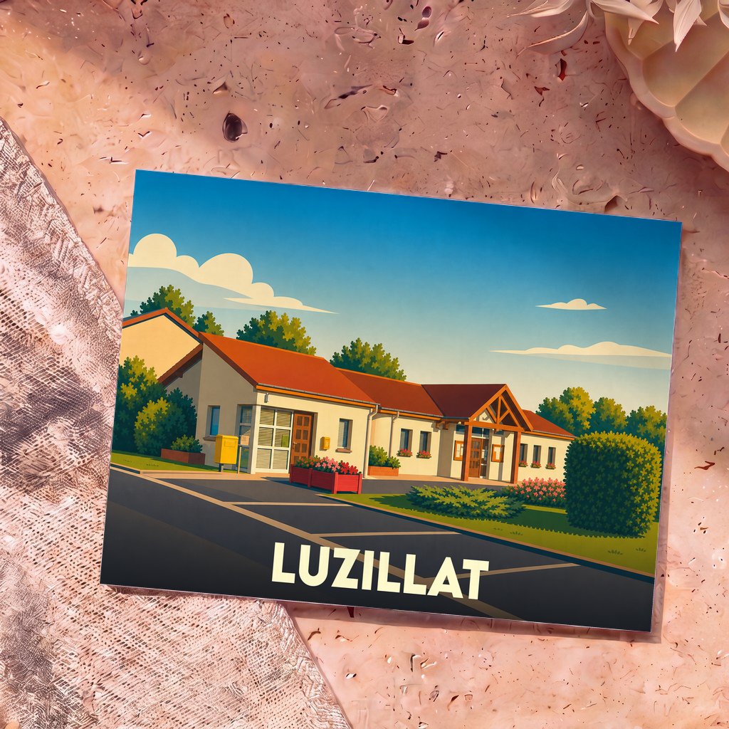 Carte postale souvenir de la ville de Luzillat avec une illustration stylisée.