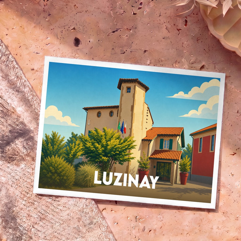 Carte postale souvenir de la ville de Luzinay avec une illustration stylisée de sa mairie.