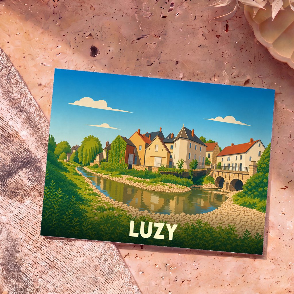 Carte postale souvenir de la ville de Luzy illustrant un village paisible au bord de l'eau dans un style graphique épuré.
