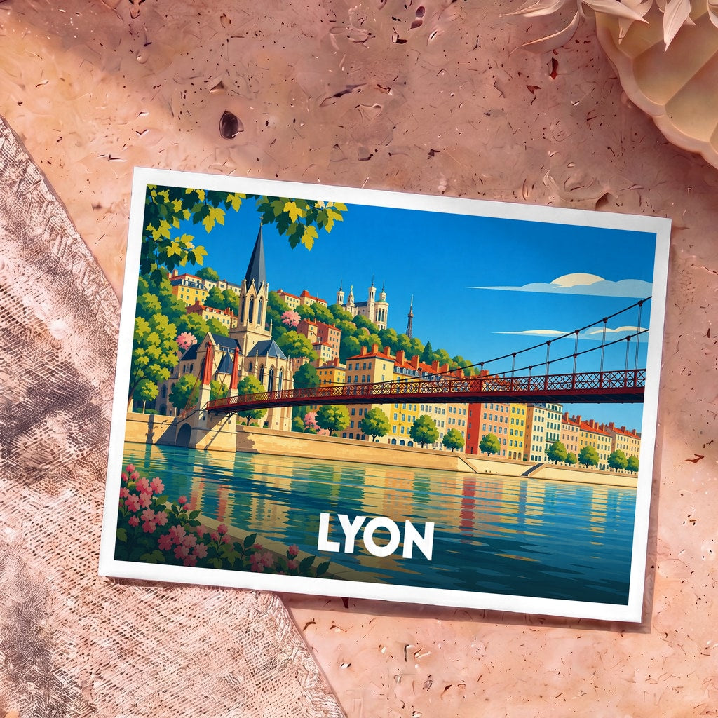 Carte postale souvenir de la ville de Lyon avec une illustration stylisée des quais de Saône et de la basilique de Fourvière.