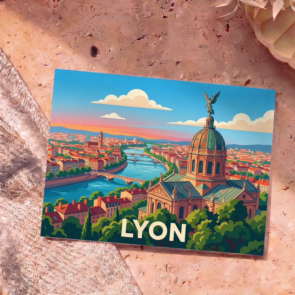 Carte postale souvenir de la ville de Lyon avec une illustration stylisée montrant la Saône et l'Hôtel-Dieu.