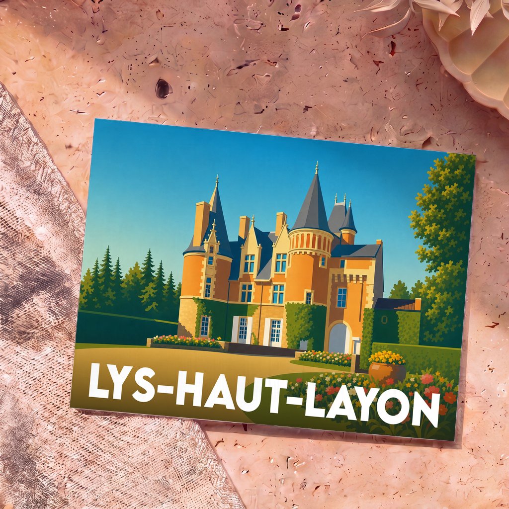 Carte postale souvenir de la ville de Lys-Haut-Layon avec une illustration stylisée d'un château.