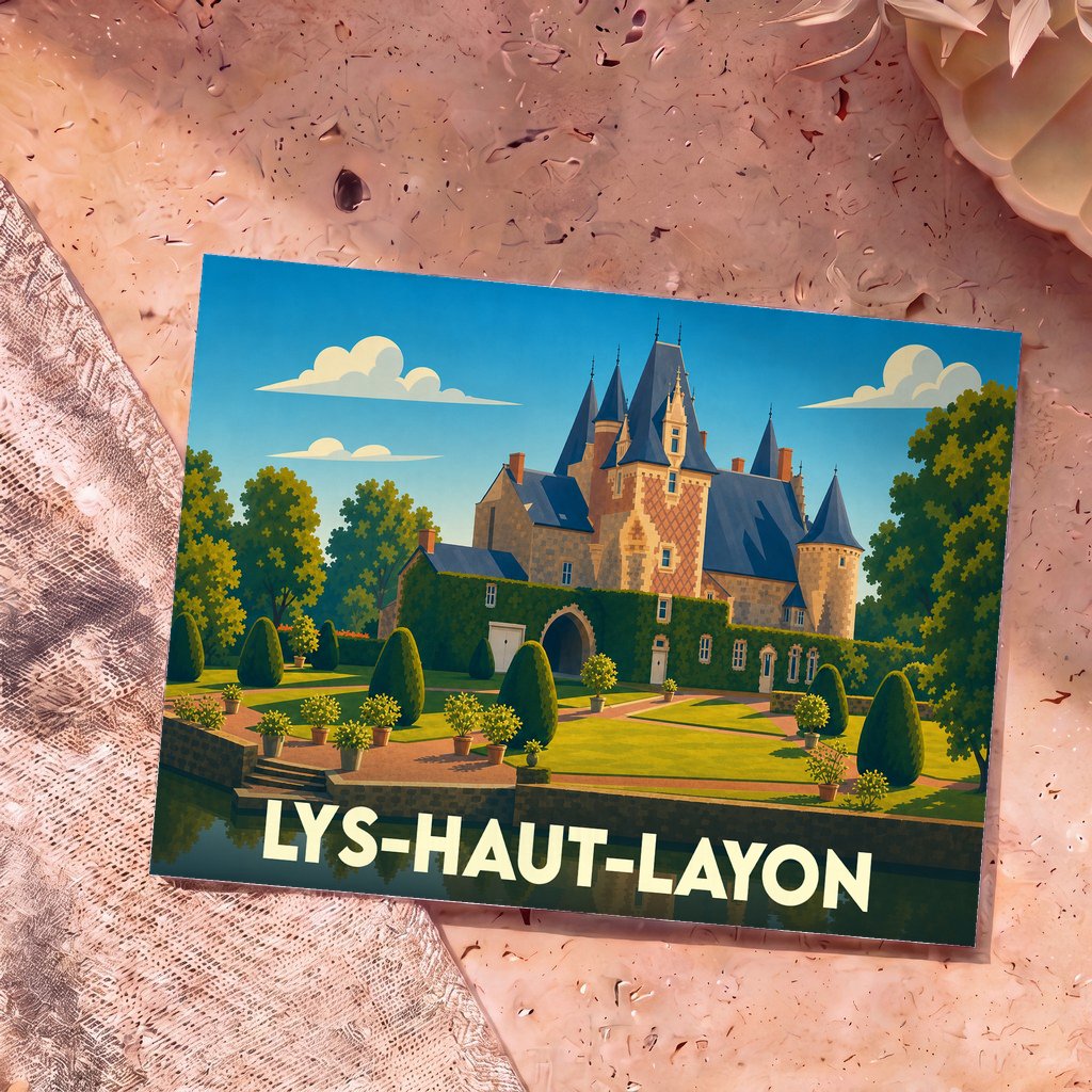 Carte postale souvenir de la ville de Lys-Haut-Layon avec une illustration stylisée de château et ses jardins.