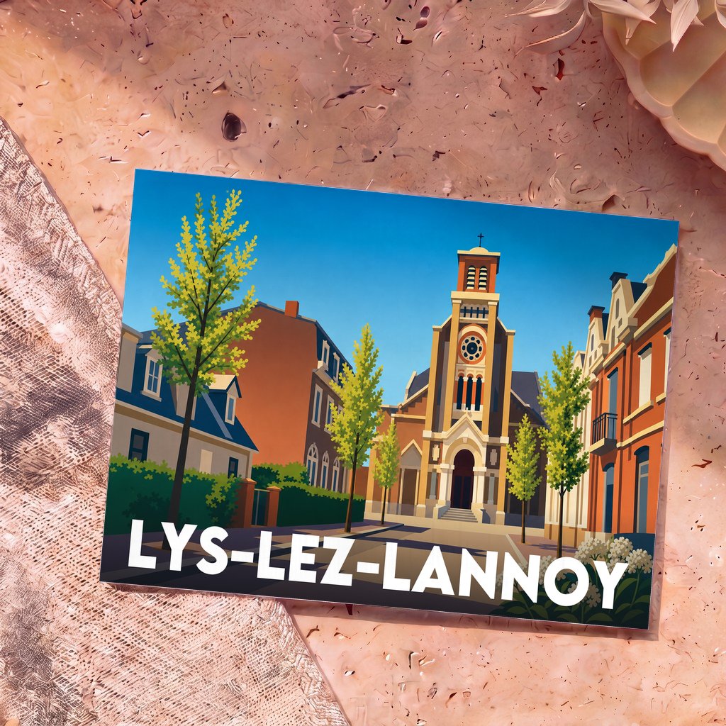 Carte postale souvenir de la ville de Lys-lez-Lannoy avec une illustration stylisée de son église et de ses rues.