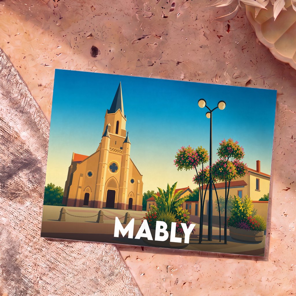 Carte postale souvenir de la ville de Mably illustrant son église dans un style graphique épuré et coloré.