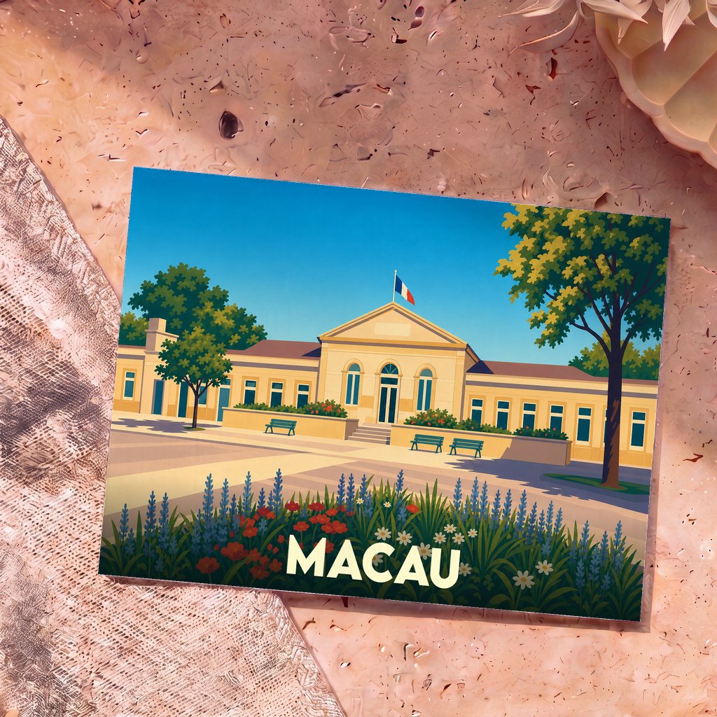 Carte postale souvenir de la ville de Macau avec une illustration stylisée d'un bâtiment arborant un drapeau français.