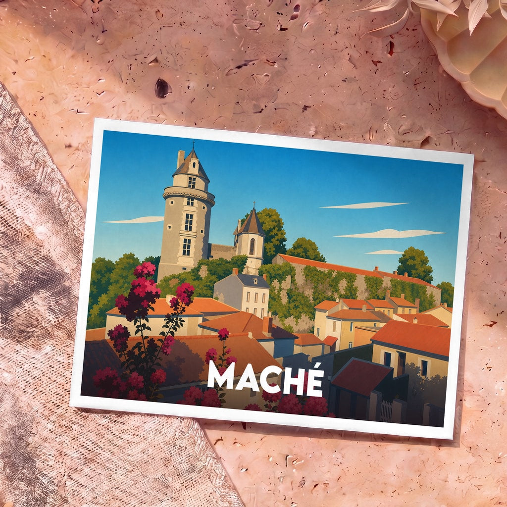 Carte postale souvenir de la ville de Maché avec une illustration stylisée de son château surplombant les toits du village.