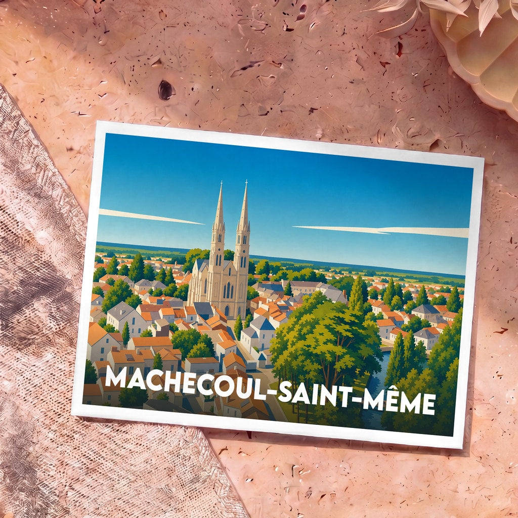 Carte postale souvenir de la ville de Machecoul-Saint-Même illustrant son église à deux clochers et ses paysages verdoyants.