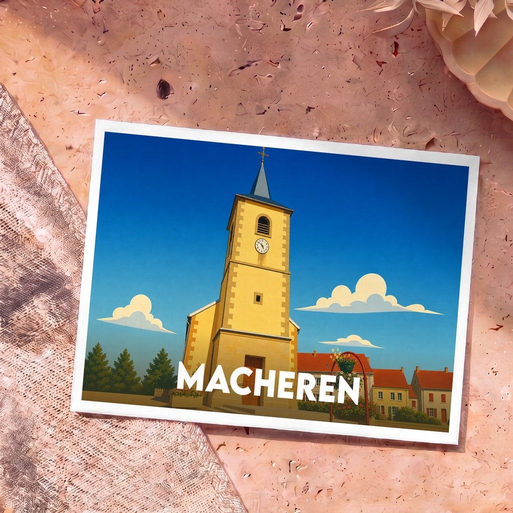 Carte postale souvenir de la ville de Macheren avec une illustration stylisée de son église sous un ciel bleu.