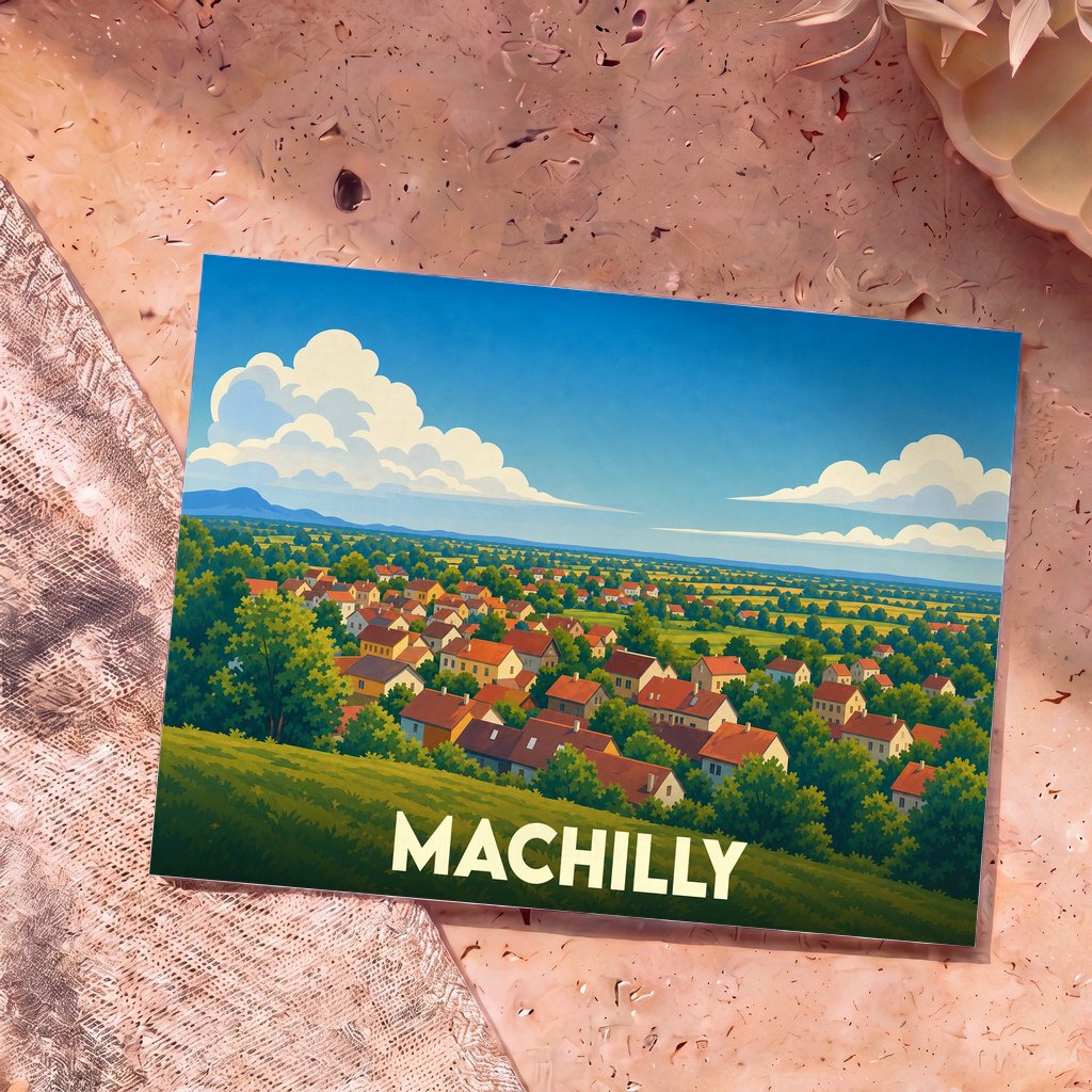 Carte postale souvenir de la ville de Machilly avec une illustration colorée et stylisée de son paysage rural.