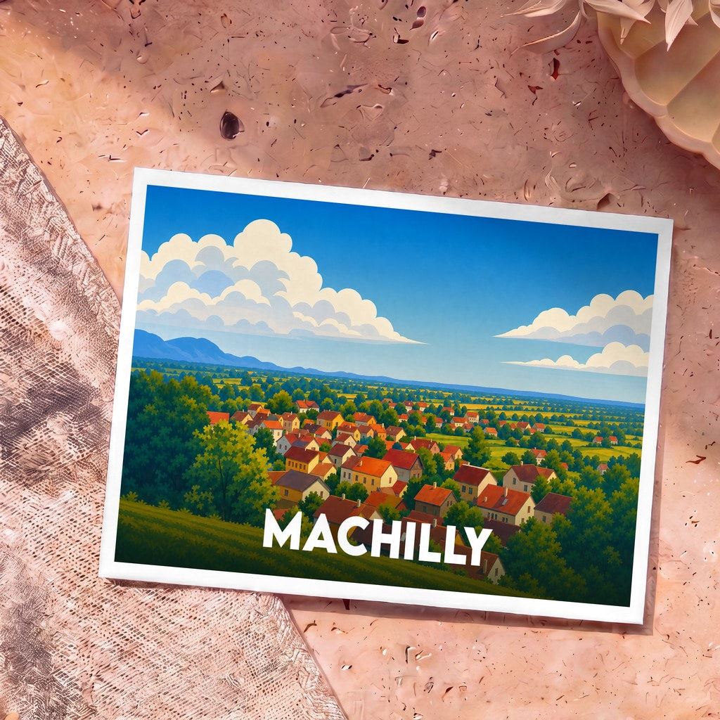 Carte postale souvenir de la ville de Machilly avec une illustration colorée et stylisée de son paysage rural.