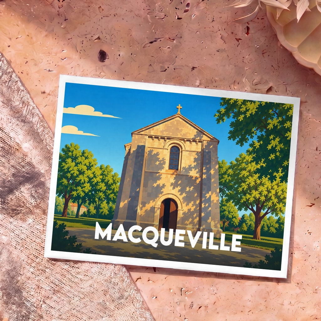 Carte postale souvenir de la ville de Macqueville avec une illustration stylisée de son église sous un ciel bleu.