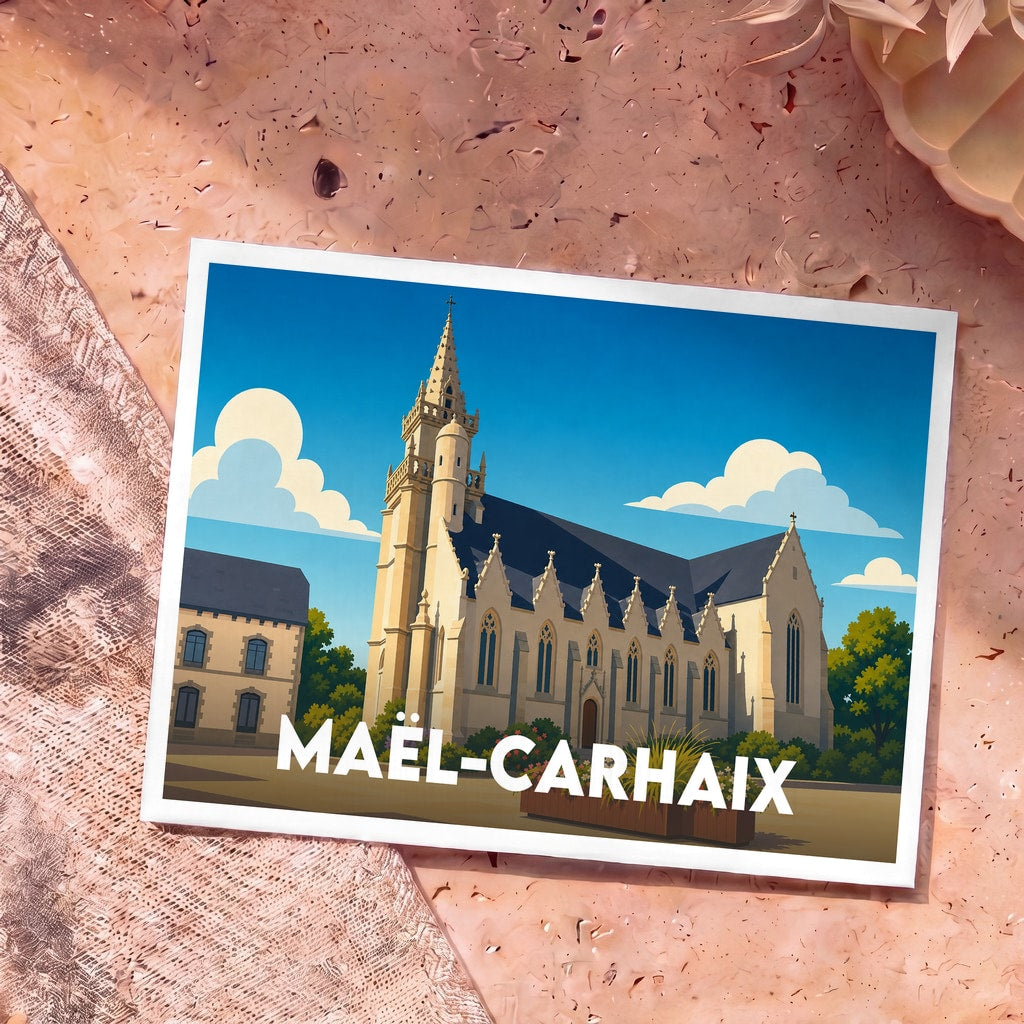 Carte postale souvenir de la ville de Maël-Carhaix avec une illustration stylisée de son église.