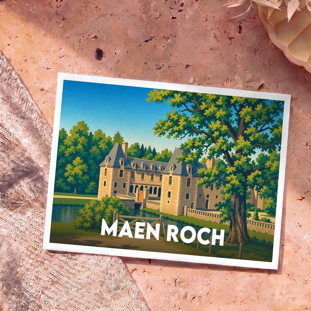 Carte postale souvenir de la ville de Maen Roch avec une illustration stylisée d'un château au bord de l'eau.
