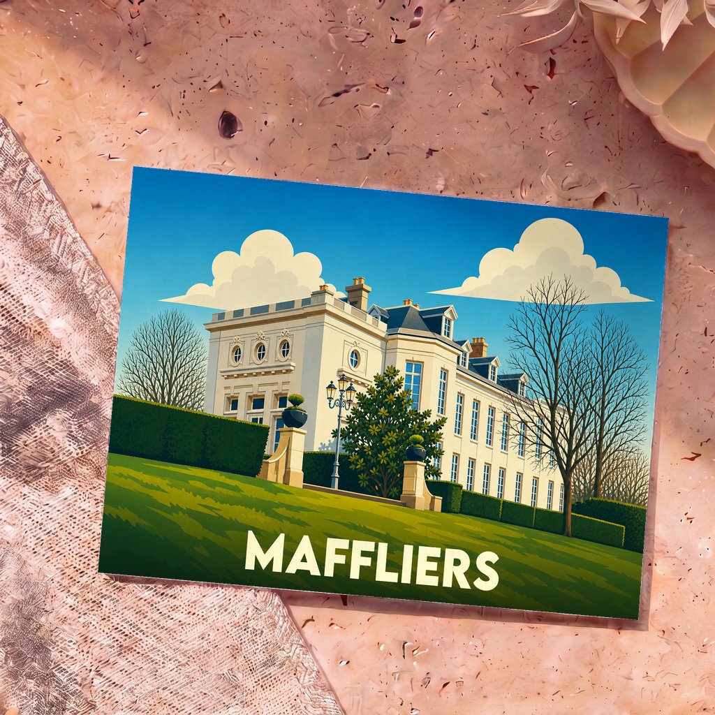 Carte postale souvenir de la ville de Maffliers représentant une grande demeure bourgeoise avec une illustration stylisée.