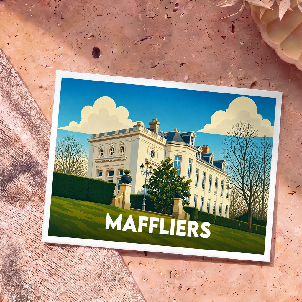 Carte postale souvenir de la ville de Maffliers représentant une grande demeure bourgeoise avec une illustration stylisée.