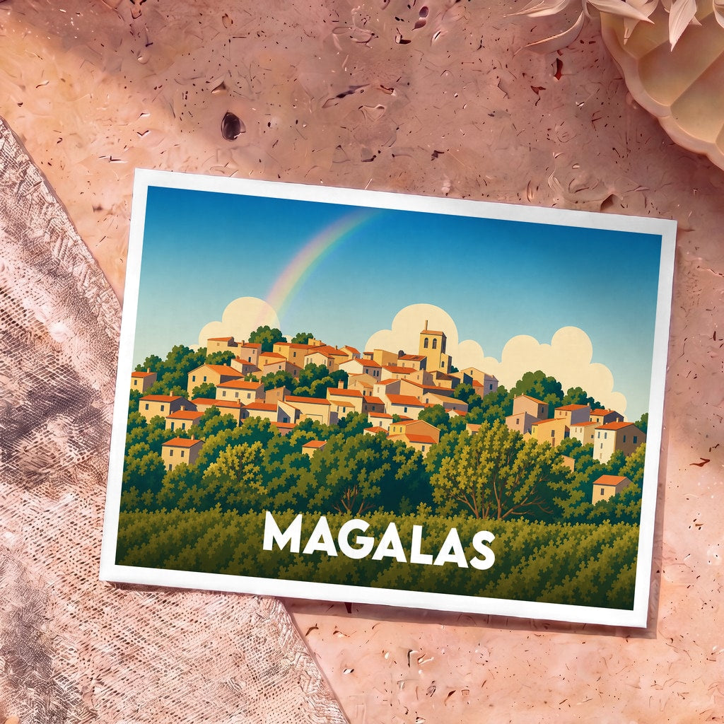 Carte postale souvenir de la ville de Magalas présentant une illustration stylisée d'un village perché sous un arc-en-ciel.