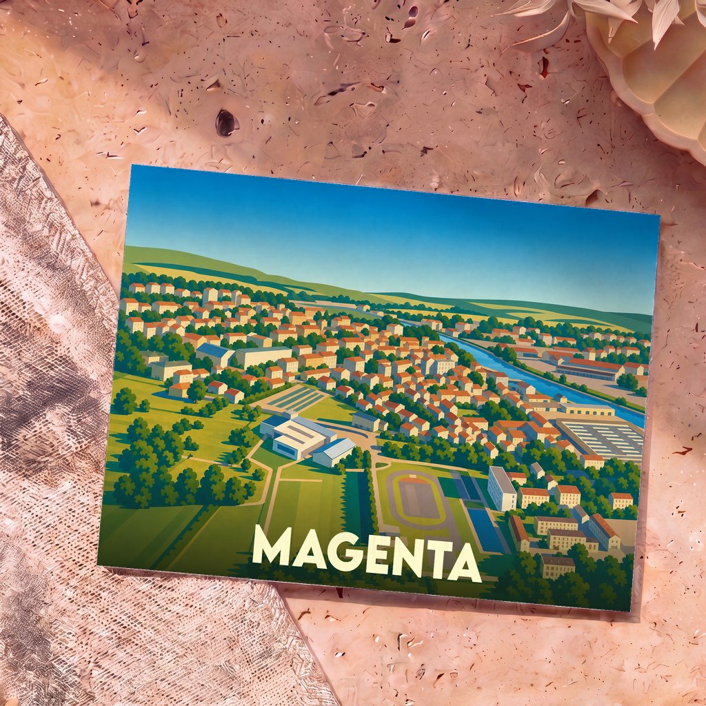 Carte postale souvenir de la ville de Magenta avec une illustration stylisée vue du ciel.