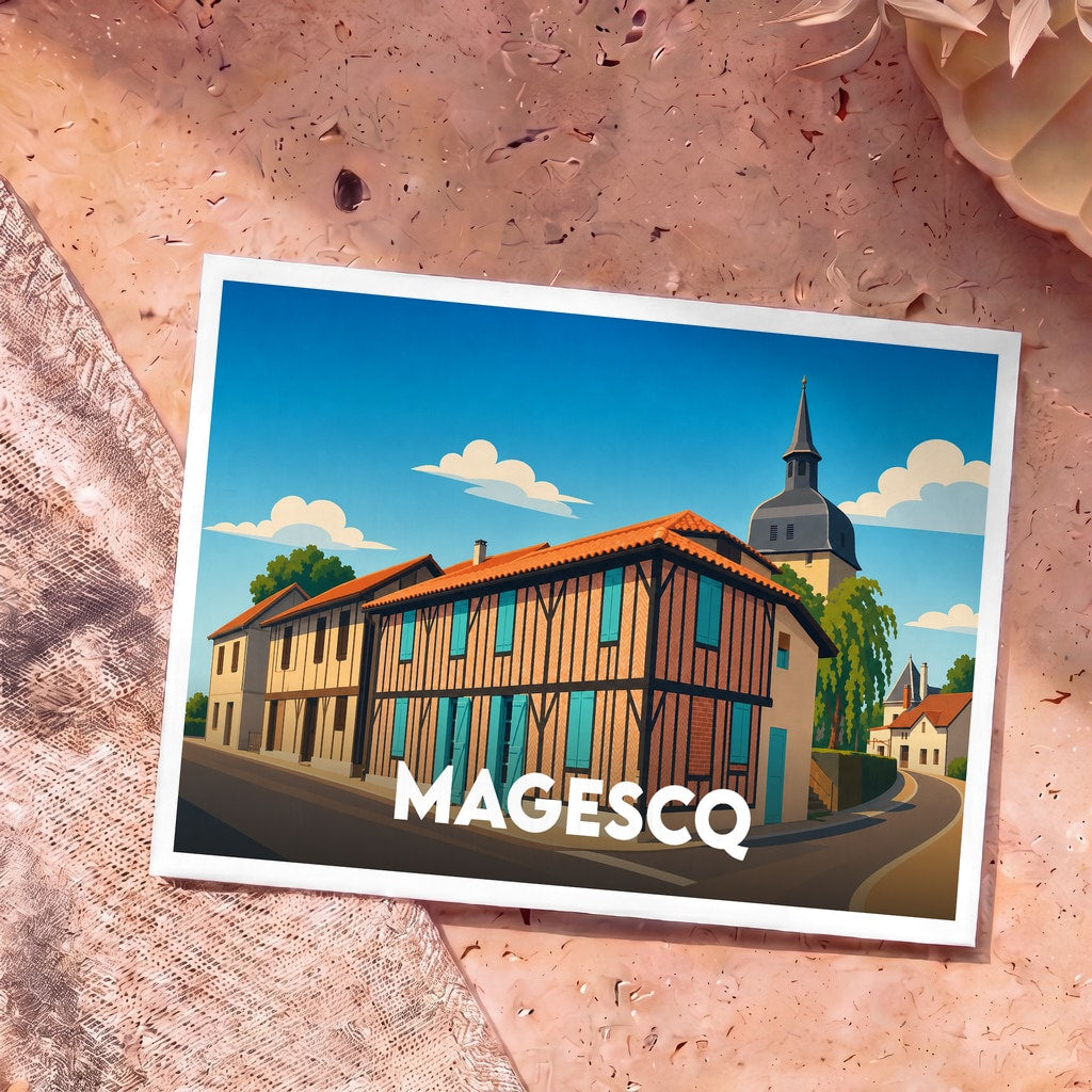 Carte postale souvenir de la ville de Magescq avec une illustration stylisée de ses maisons à colombages et de son église.