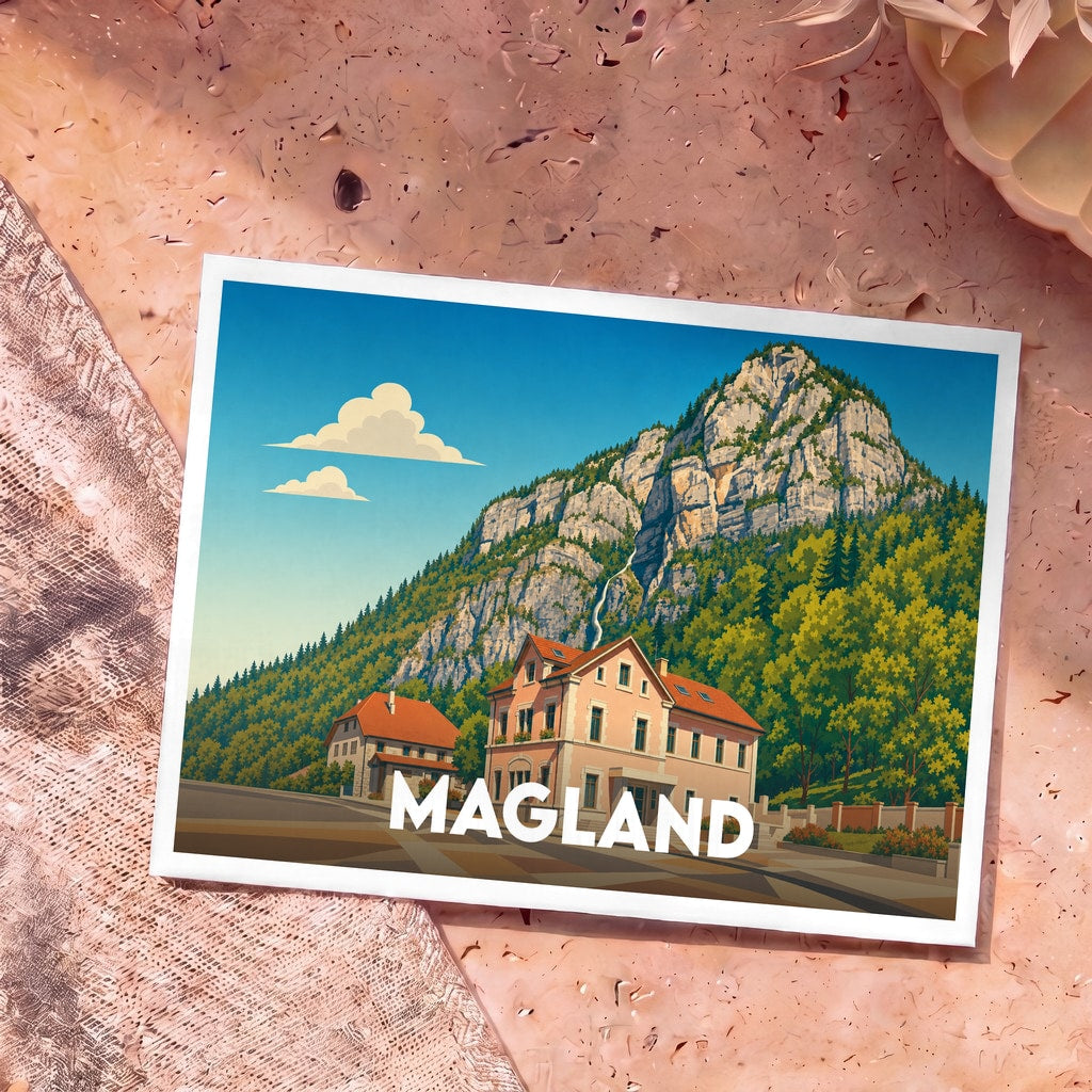 Carte postale souvenir de la ville de Magland avec une illustration stylisée de ses montagnes et de son architecture.
