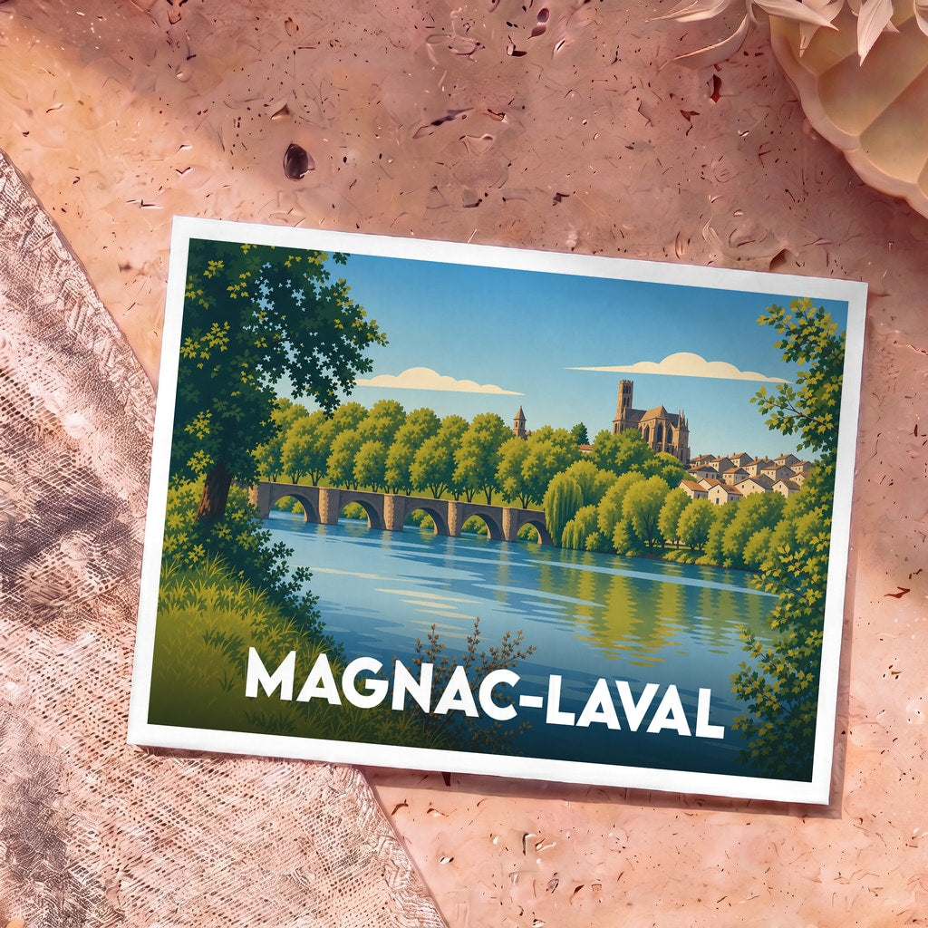 Carte postale souvenir de la ville de Magnac-Laval avec une illustration stylisée représentant son pont de pierre et son église au bord de l'eau.