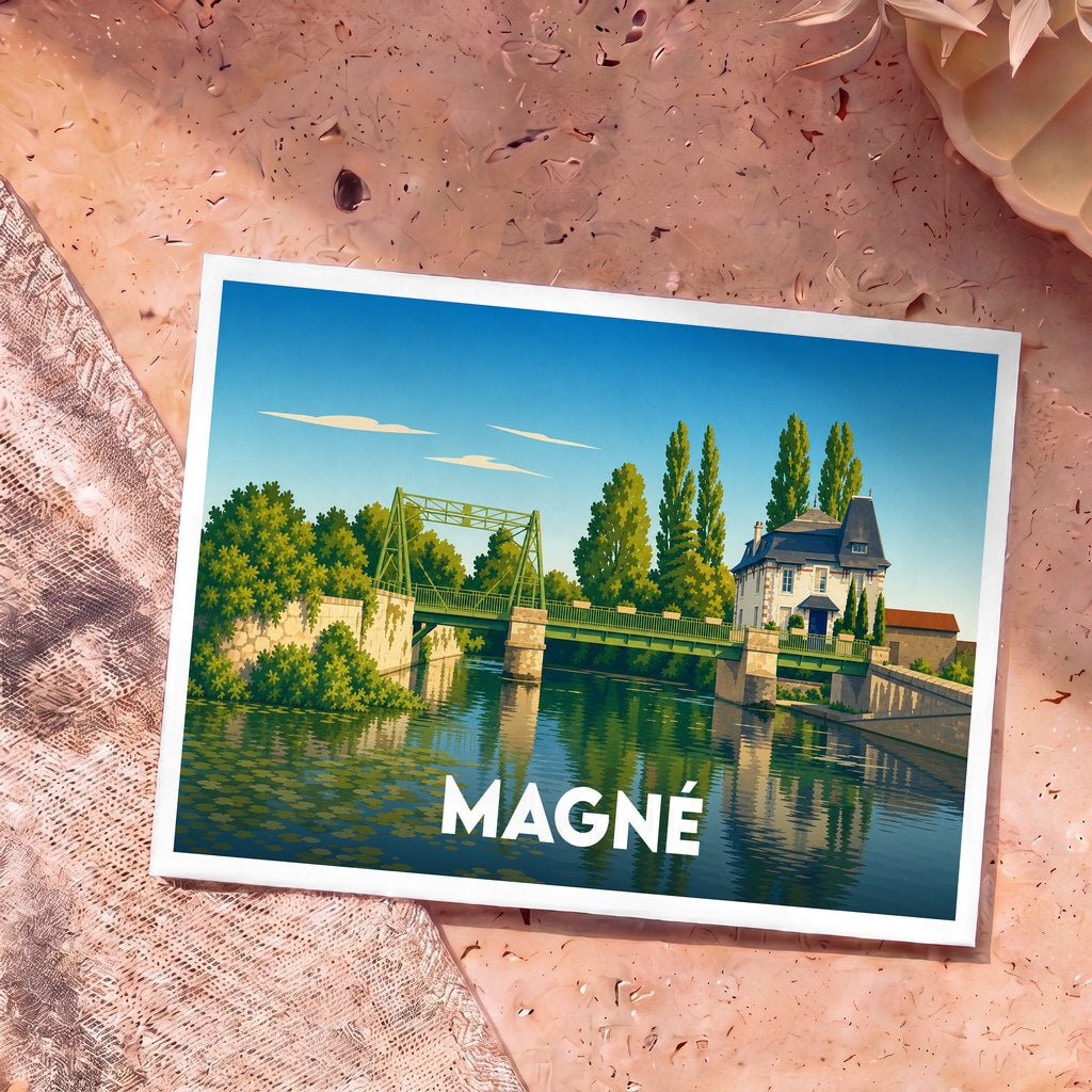 Carte postale souvenir de la ville de Magné avec une illustration stylisée de son pont métallique et d'une maison au bord de l'eau.