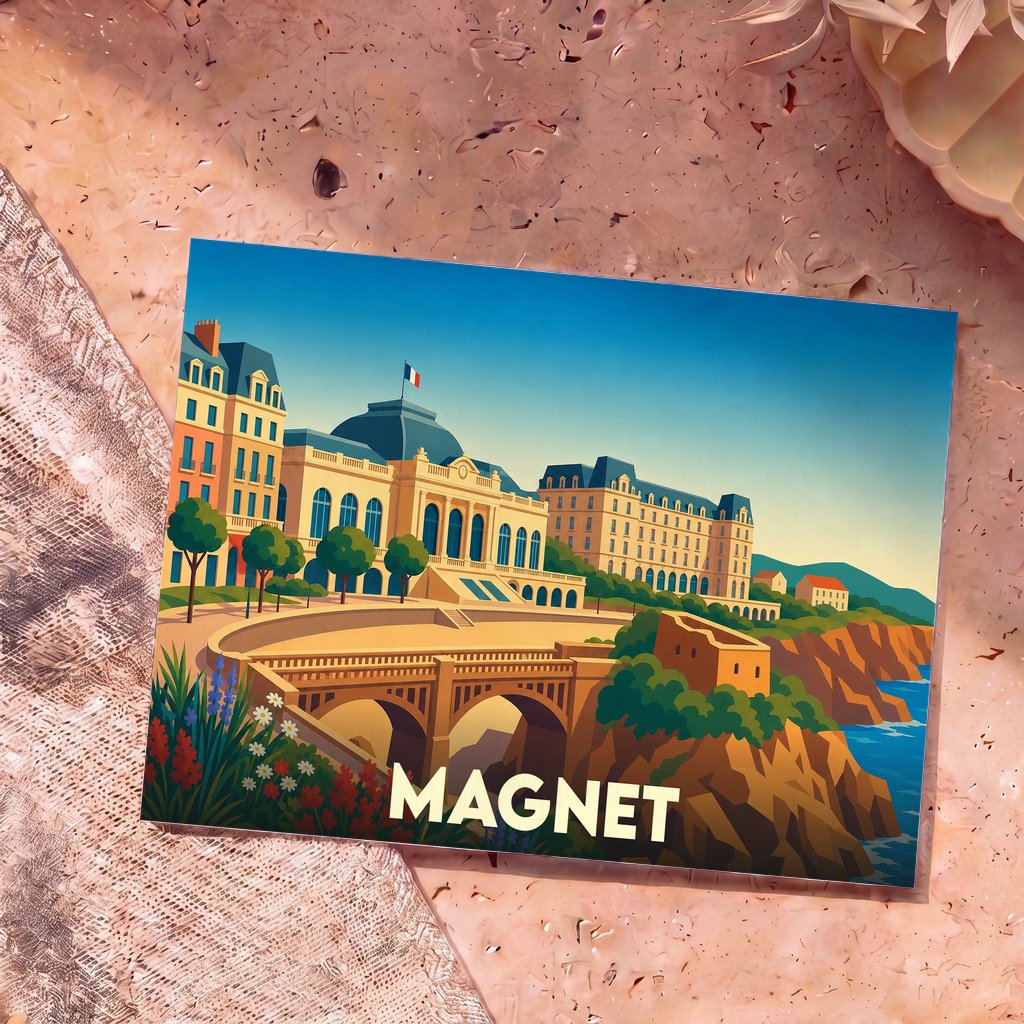 Magnet souvenir de la ville de Magnet avec une illustration stylisée de son architecture en bord de mer.