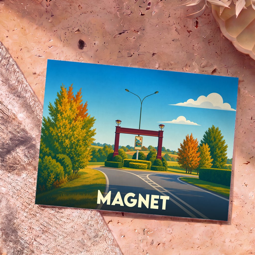 Carte postale souvenir de la ville de Magnet avec une illustration stylisée d'un paysage automnal.