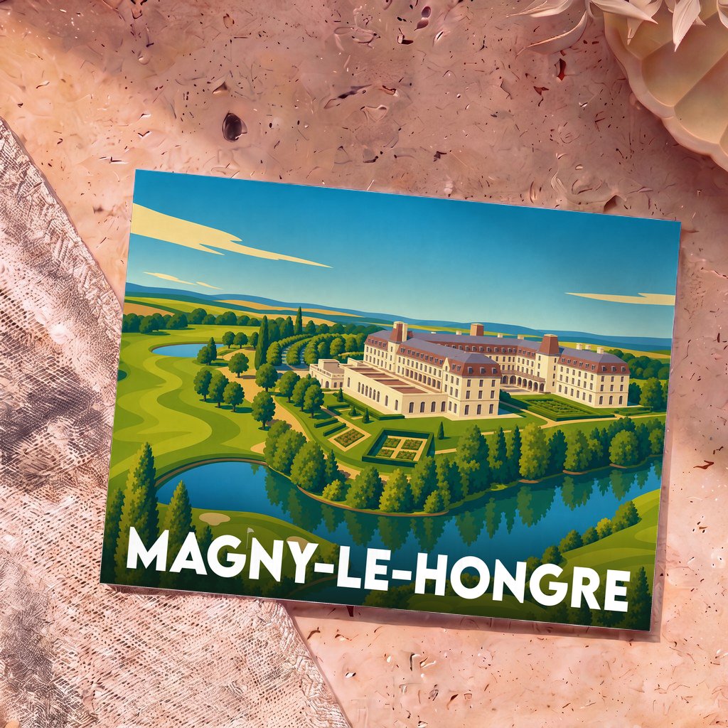 Carte postale souvenir de la ville de Magny-le-Hongre illustrant un domaine majestueux entouré de jardins et d'eau.