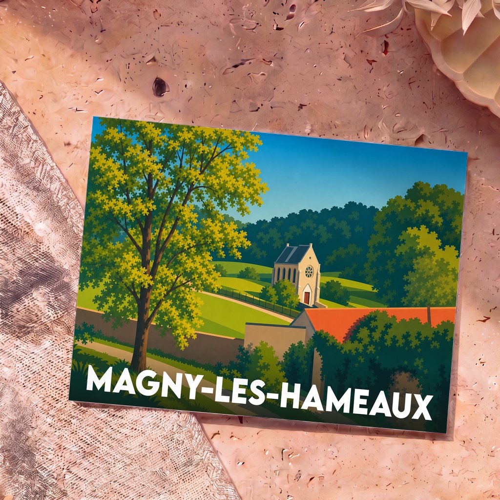 Carte postale souvenir de la ville de Magny-les-Hameaux avec une illustration stylisée d'un paysage verdoyant et de l'abbaye de Port-Royal.