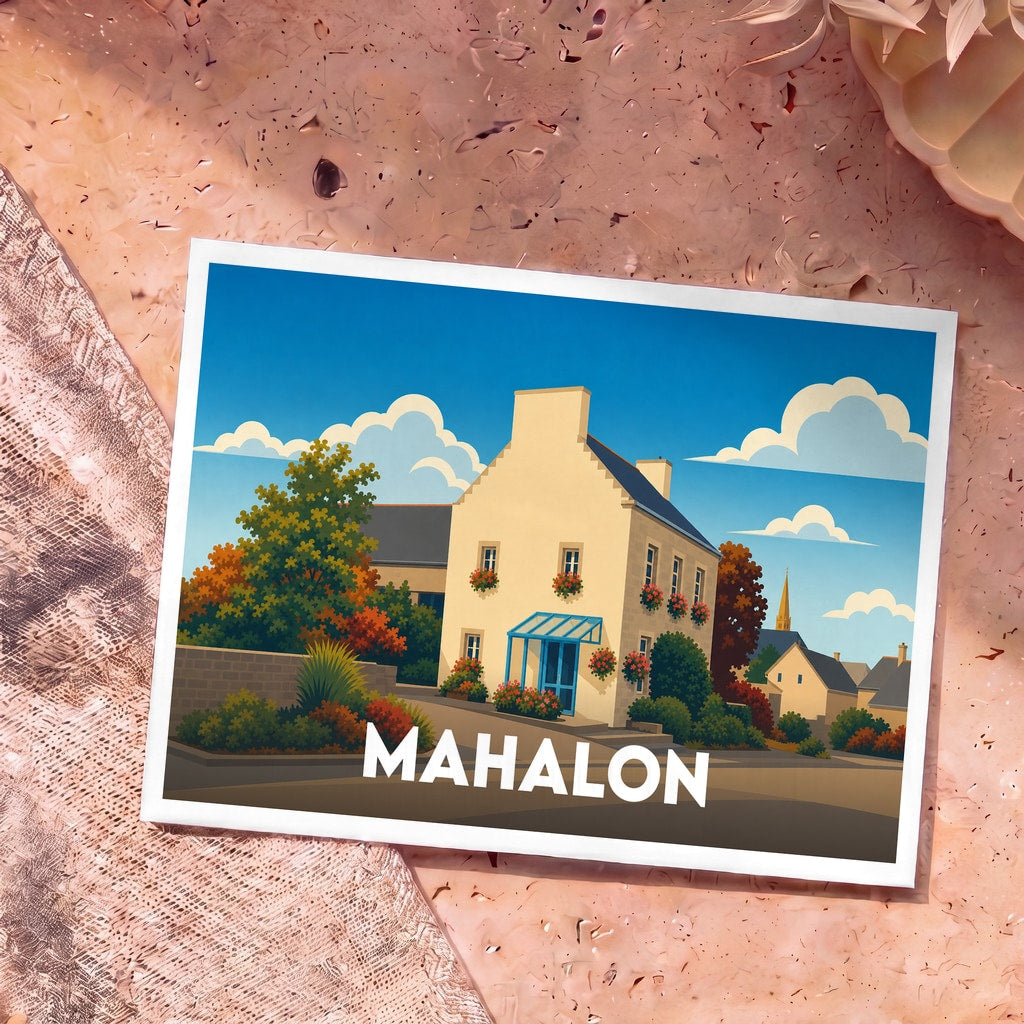 Carte postale souvenir de la ville de Mahalon avec une illustration stylisée d'une maison fleurie.