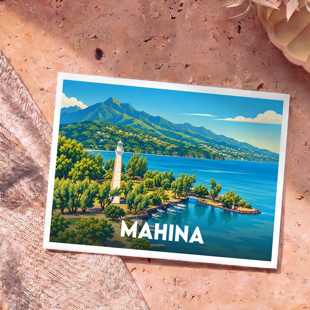 Carte postale souvenir de la ville de Mahina illustrant son phare et sa baie avec un style artistique épuré.
