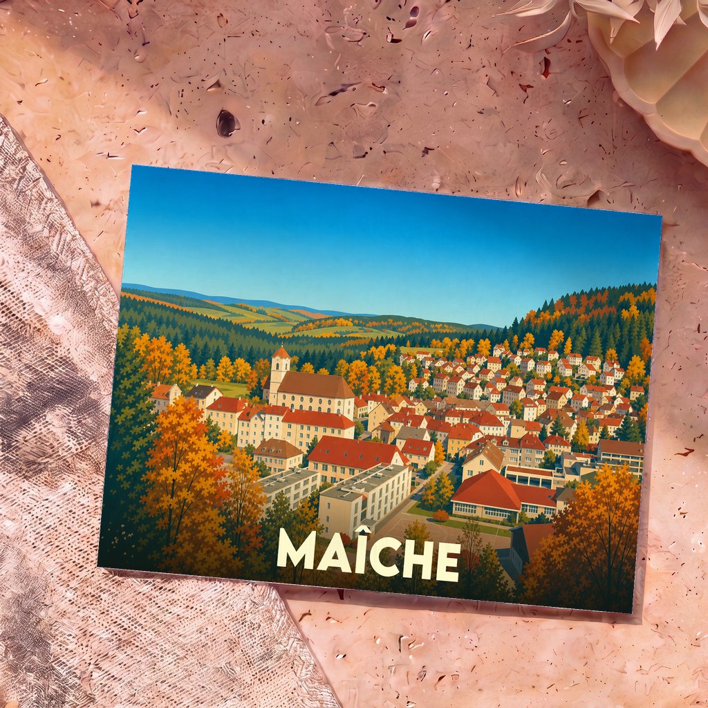 Carte postale souvenir de la ville de Maîche avec une illustration stylisée et colorée d'un paysage d'automne.