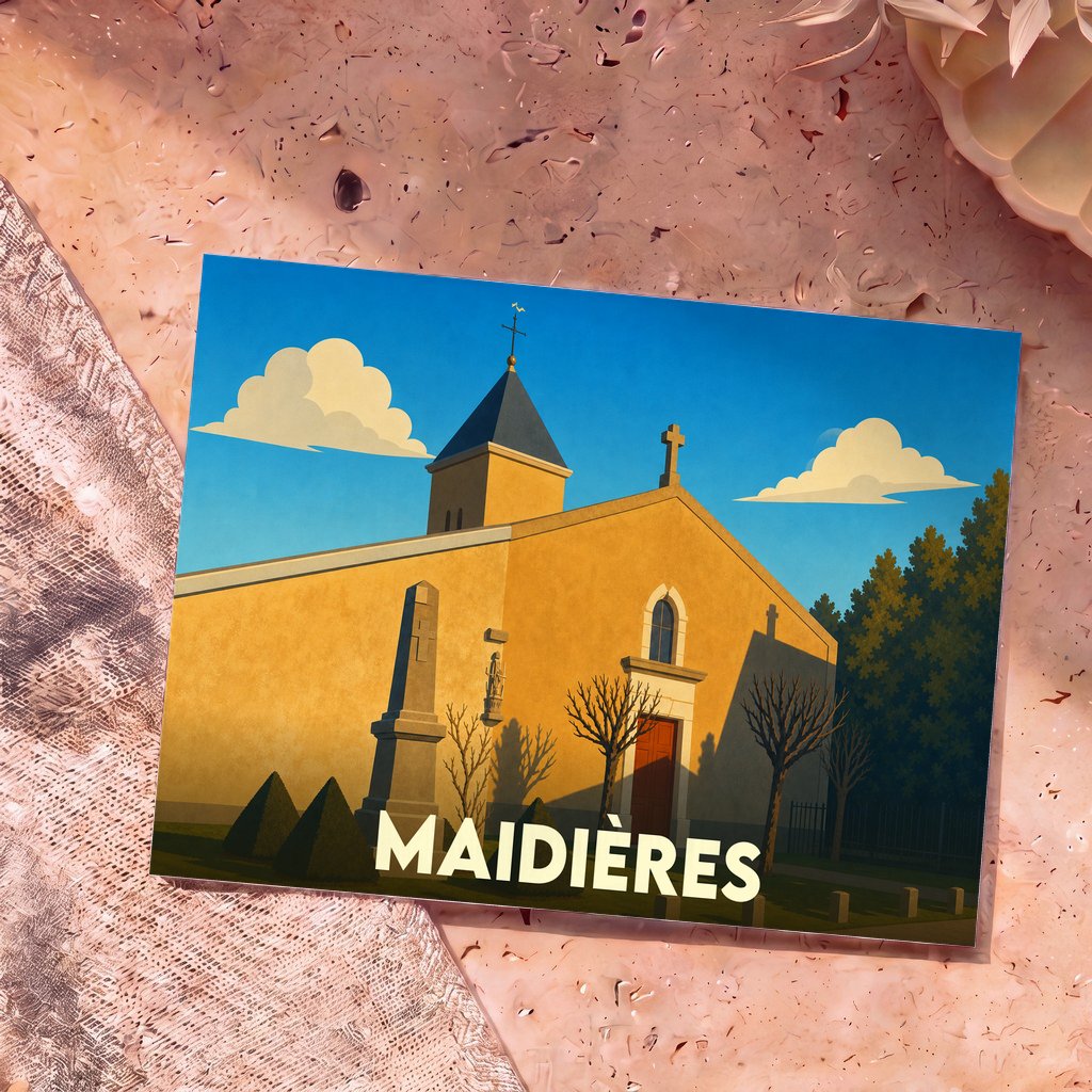 Carte postale souvenir de la ville de Maidières illustrant son église dans un style graphique épuré.