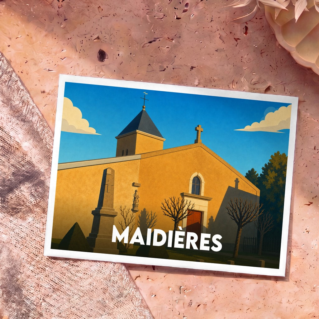 Carte postale souvenir de la ville de Maidières illustrant son église dans un style graphique épuré.