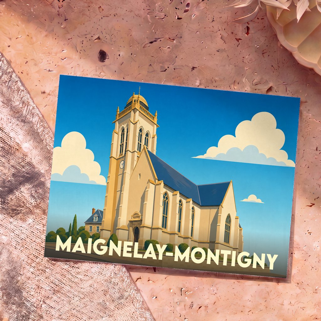 Carte postale souvenir de la ville de Maignelay-Montigny avec une illustration stylisée de son église sous un ciel bleu.