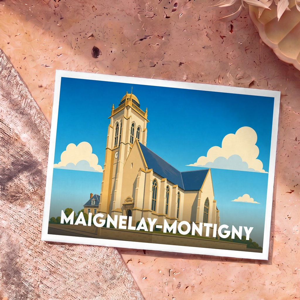 Carte postale souvenir de Maignelay-Montigny avec une illustration stylisée de son église sous un ciel bleu.