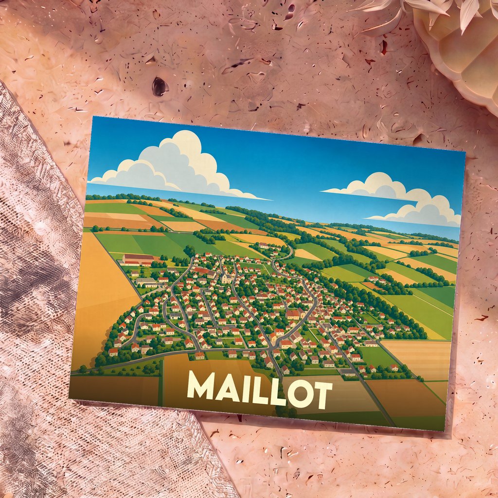 Carte postale souvenir de la ville de Maillot avec une illustration stylisée vue du ciel.
