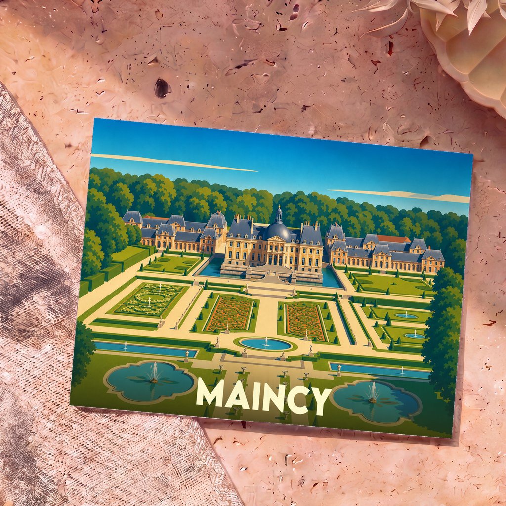 Carte postale souvenir de la ville de Maincy avec une illustration stylisée du château de Vaux-le-Vicomte et de ses jardins.