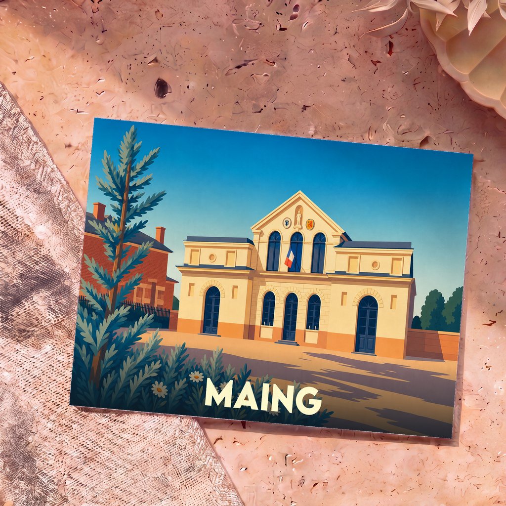 Carte postale souvenir de la ville de Maing avec une illustration stylisée de son hôtel de ville.