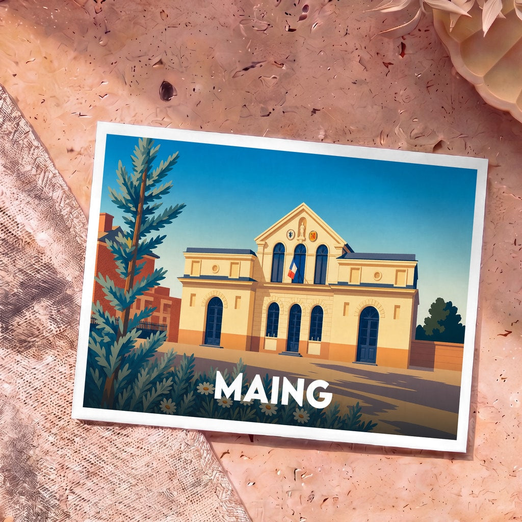 Carte postale souvenir de la ville de Maing avec une illustration stylisée de son hôtel de ville.