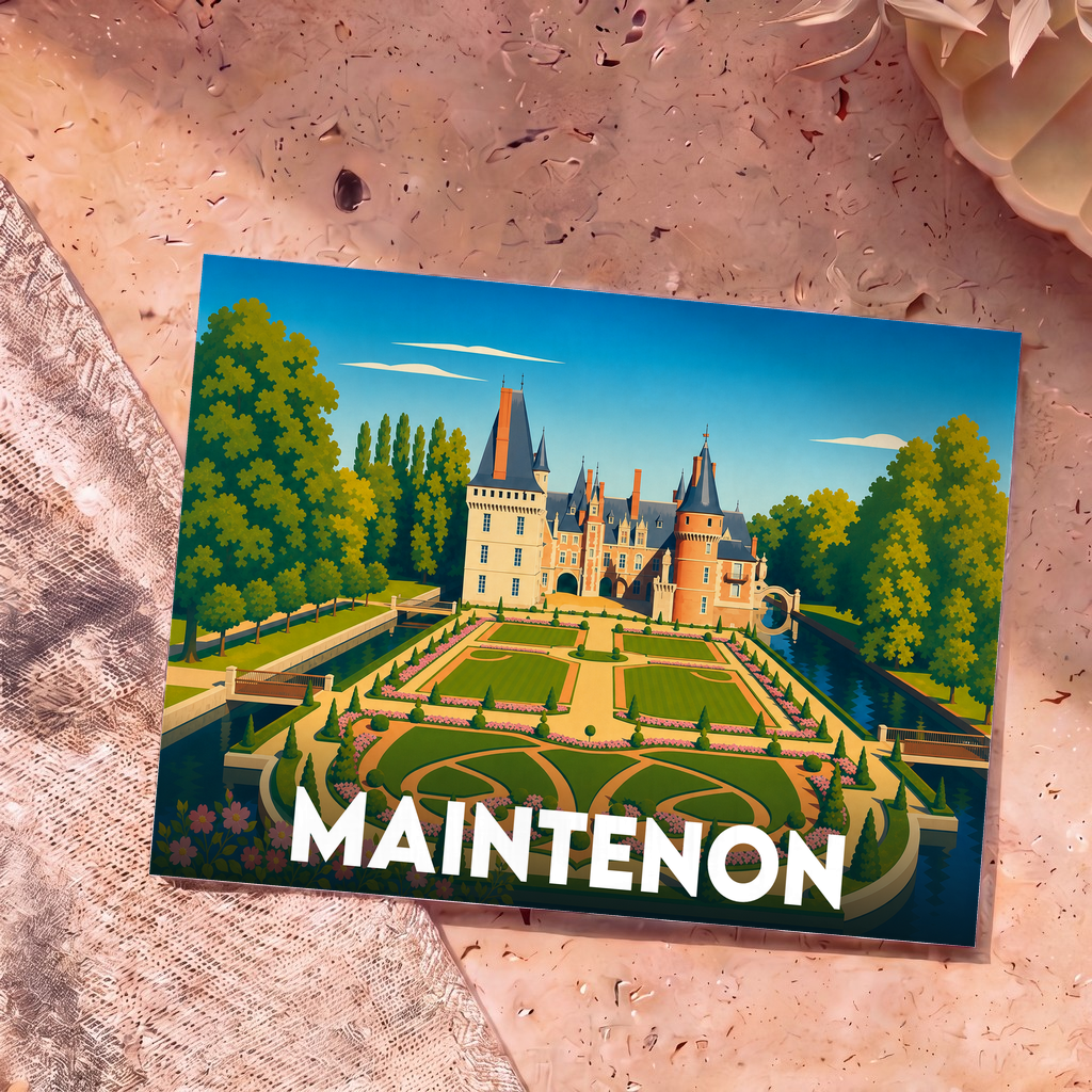 Carte postale souvenir de la ville de Maintenon avec une illustration stylisée de son château et de ses jardins.