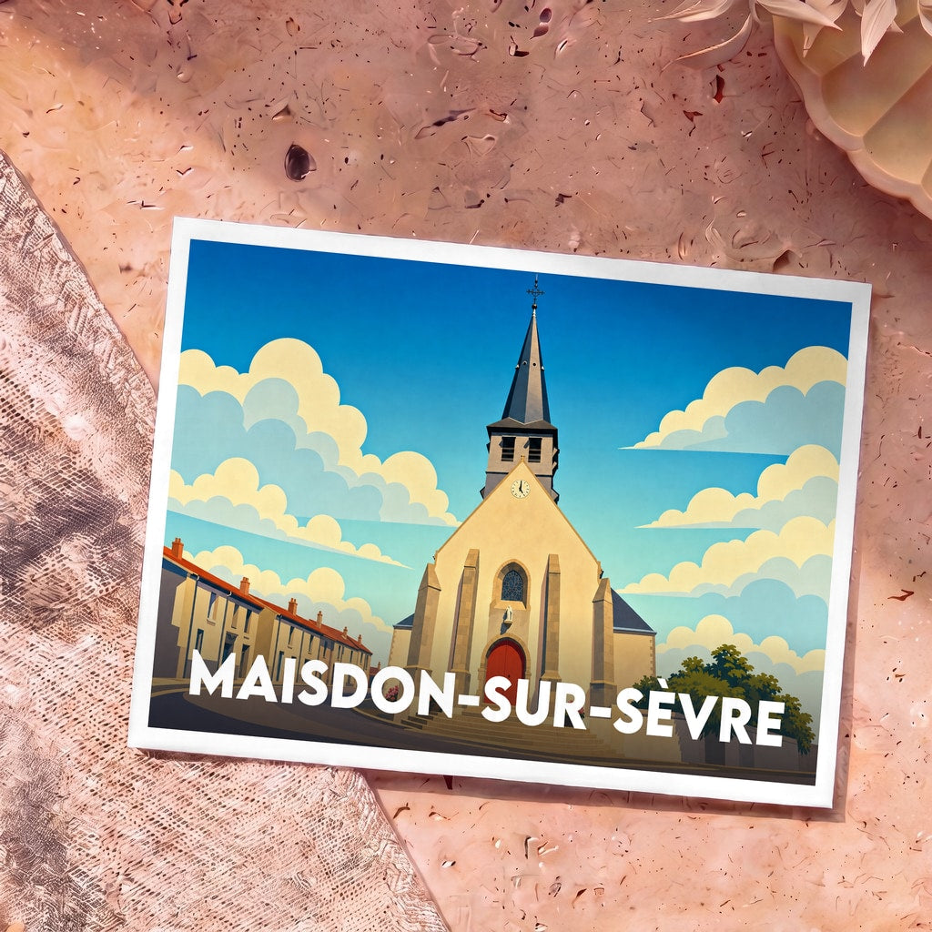Carte postale souvenir de la ville de Maisdon-sur-Sèvre avec une illustration stylisée de son église sous un ciel nuageux.