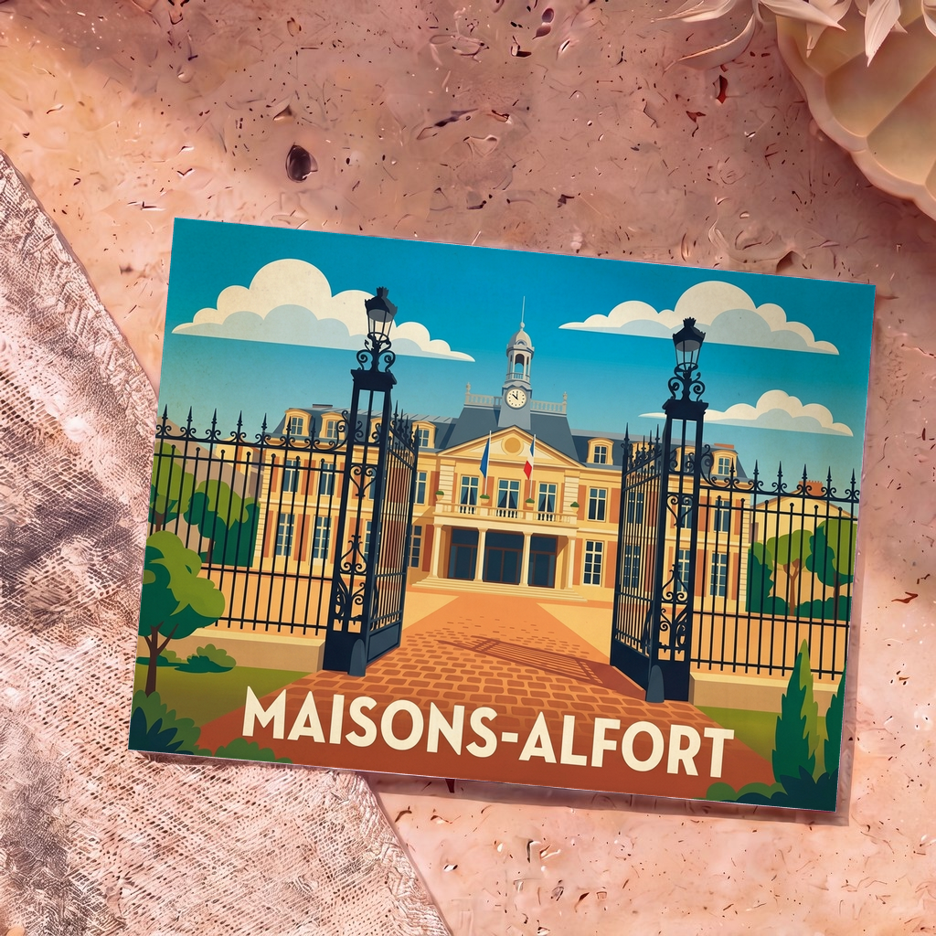 Carte postale souvenir de la ville de Maisons-Alfort avec une illustration stylisée de son hôtel de ville derrière une grille monumentale.