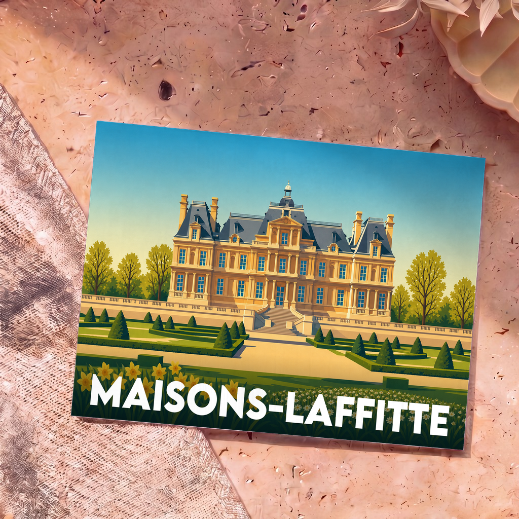 Carte postale souvenir de la ville de Maisons-Laffitte illustrant son château et ses jardins à la française.
