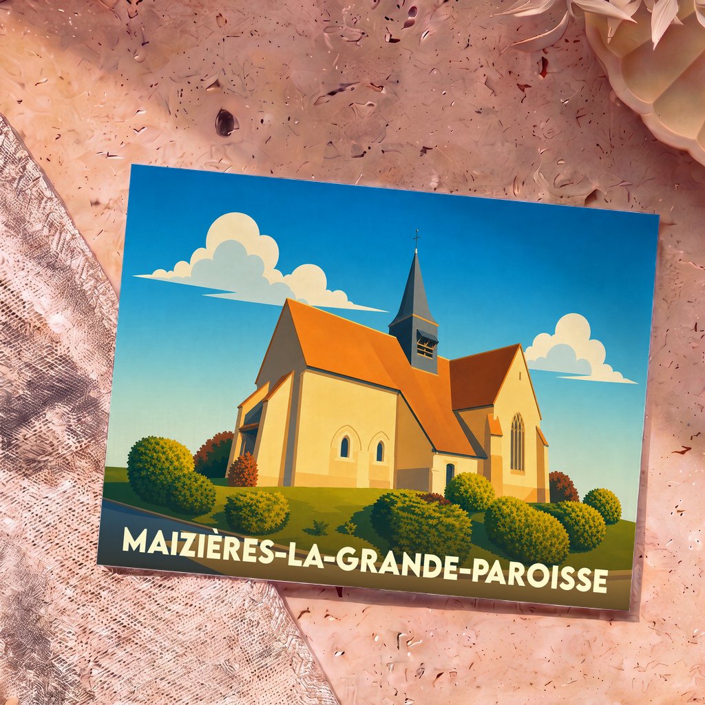 Carte postale souvenir de la ville de Maizières-la-Grande-Paroisse avec une illustration stylisée de son église.