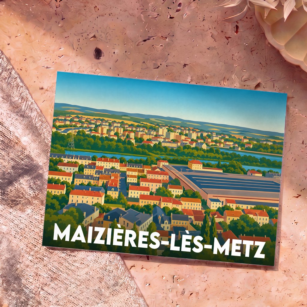 Carte postale souvenir de la ville de Maizières-lès-Metz avec une illustration panoramique stylisée.